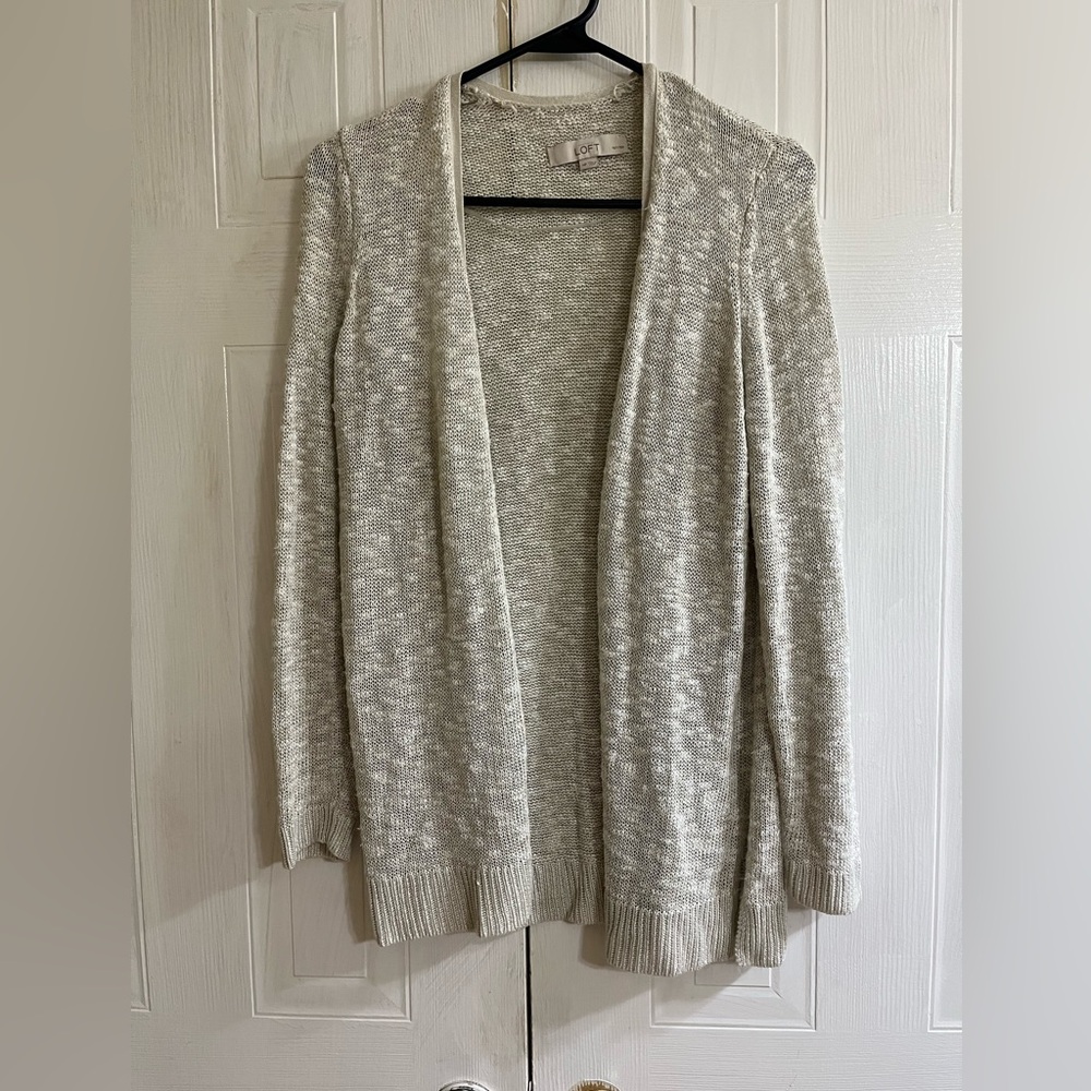 Loft Open Front Sweater Womens Medium Petite Beige 24% Linen 17% Silk Cardigan